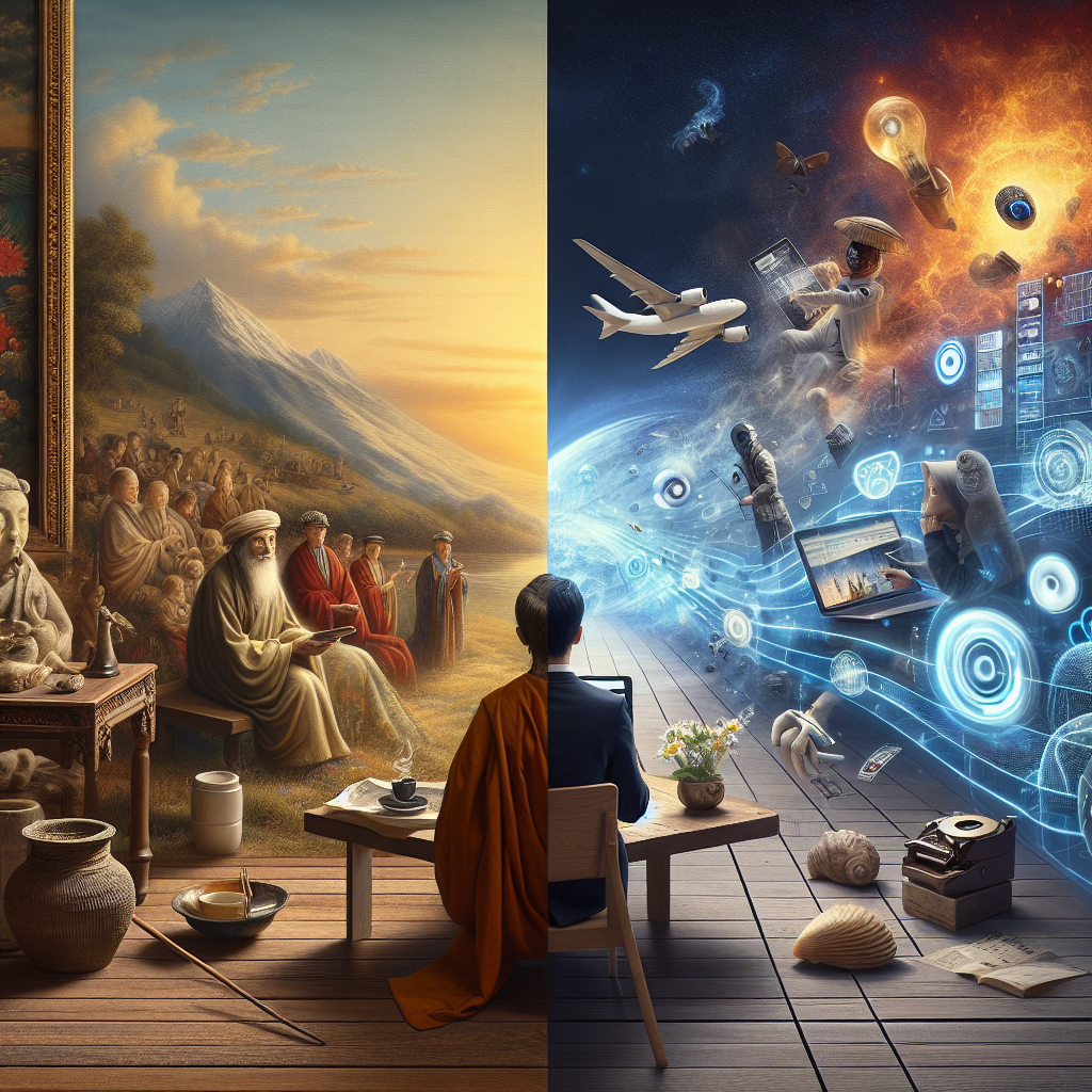 Create an image showcasing modern technology or digital environment, focusing on the future benefits for mankind. The style should reflect award-winning photography. set it in contrast to a celebrity, hero or adventurer more classics, well known masterpiece of epochs from the last centuries, combine cinematic, cultual and celebrity influences with reference to Society. . The modern tech should be set as Antaony to classics a dramatic Environment, but also be merged capturing the essence of a high-quality, professional audience places photograph. DO NOT USE TEXT OR LETTERS It must have an Overall positive mood and clearly mix old World with no technology in the image